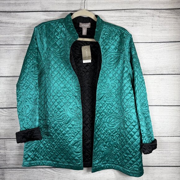 NWT Chico's Reversible Brinna Solid Jewel Teal Black Jacket Size 2 (fits 10-12) - Picture 1 of 8